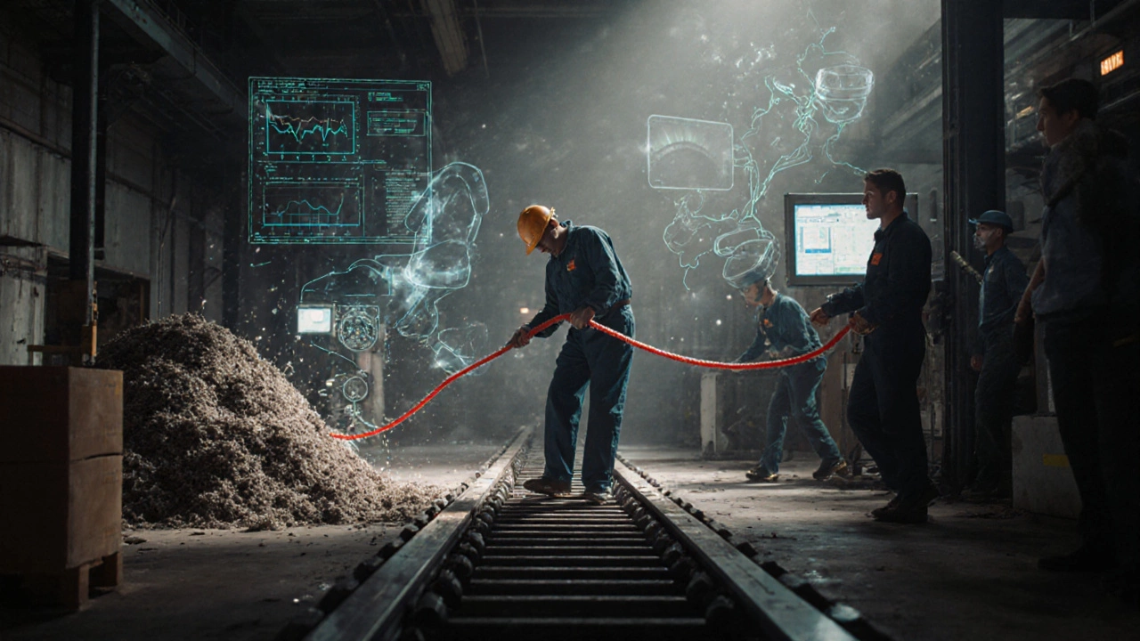 A factory worker pulling a red andon cord to stop production, with invisible flows surrounding them.