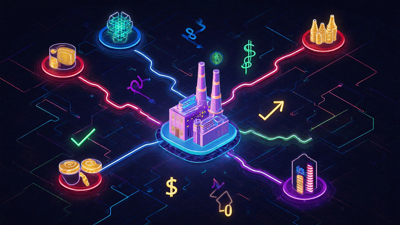 A network of glowing lines representing the seven flows of manufacturing converging in a factory building.