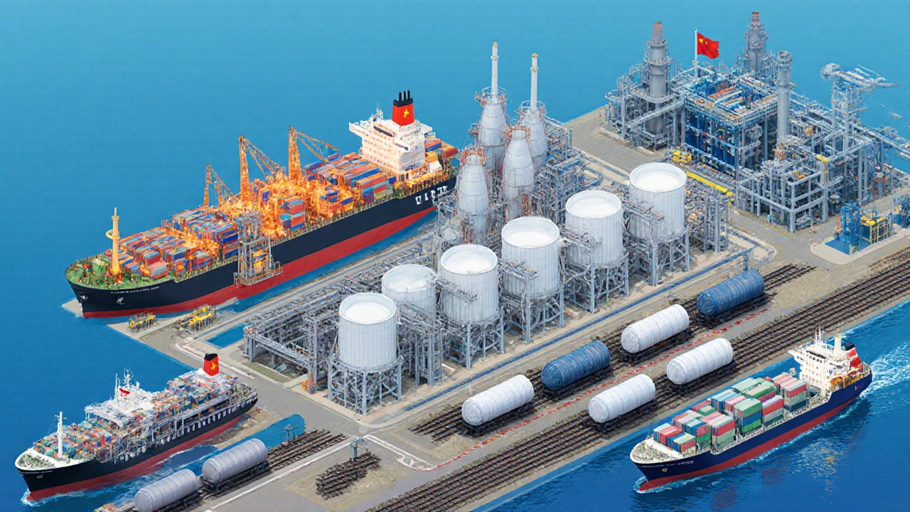 Aerial view of China&#039;s oil terminals, polymer plant, and ships exporting plastic pellets.