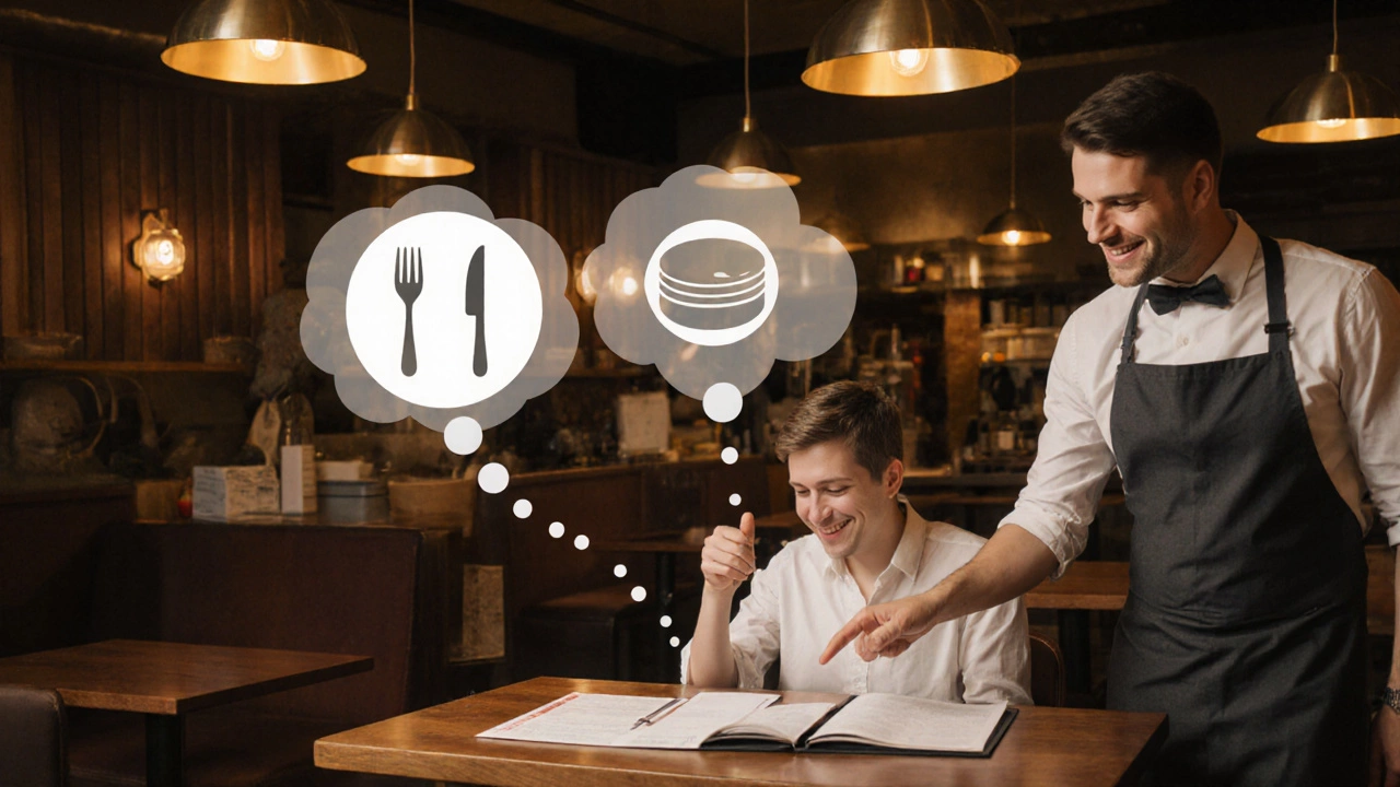 Diner and server discussing menu legend, thought bubbles show portion and protein icons.