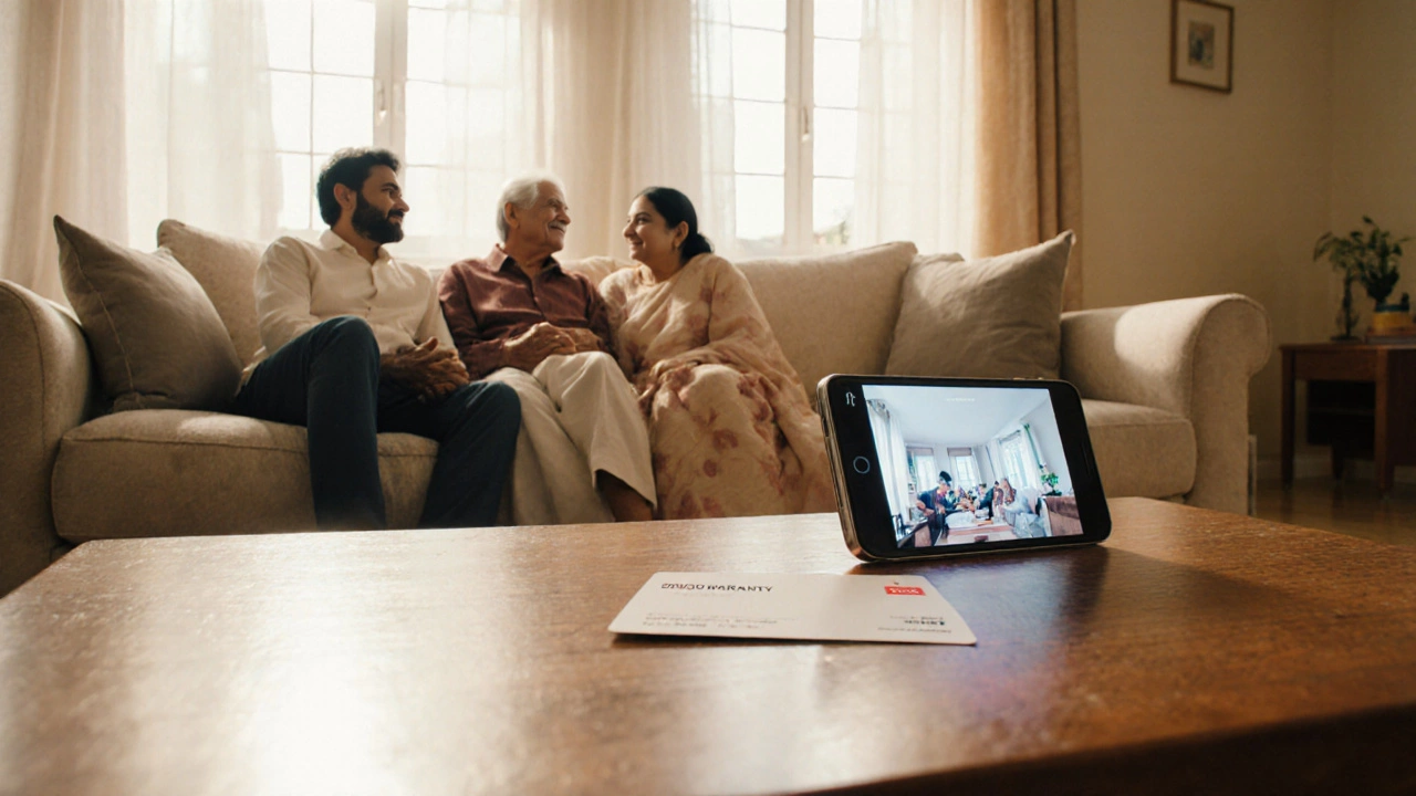 Family relaxing on a Godrej Interio sofa with warranty card on coffee table.