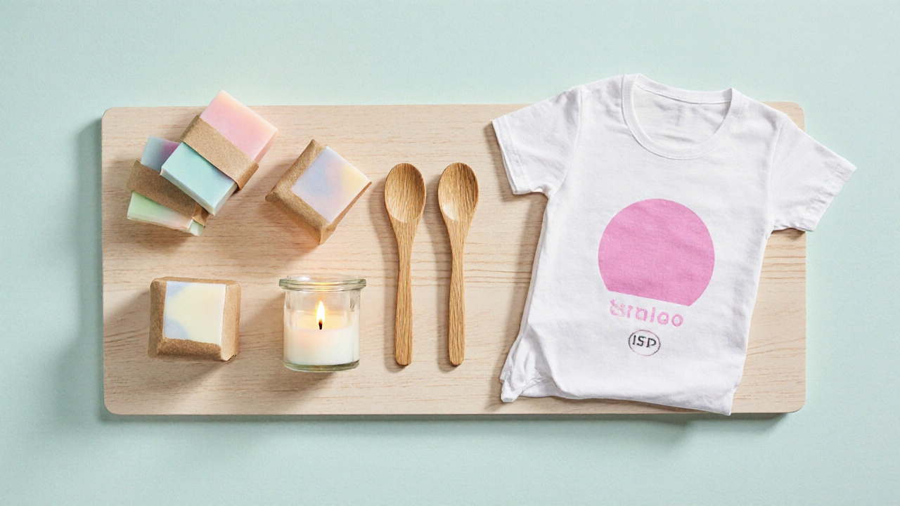 Flat lay of soap bars, candles, wooden spoons, printed T‑shirt, and cardboard packaging.
