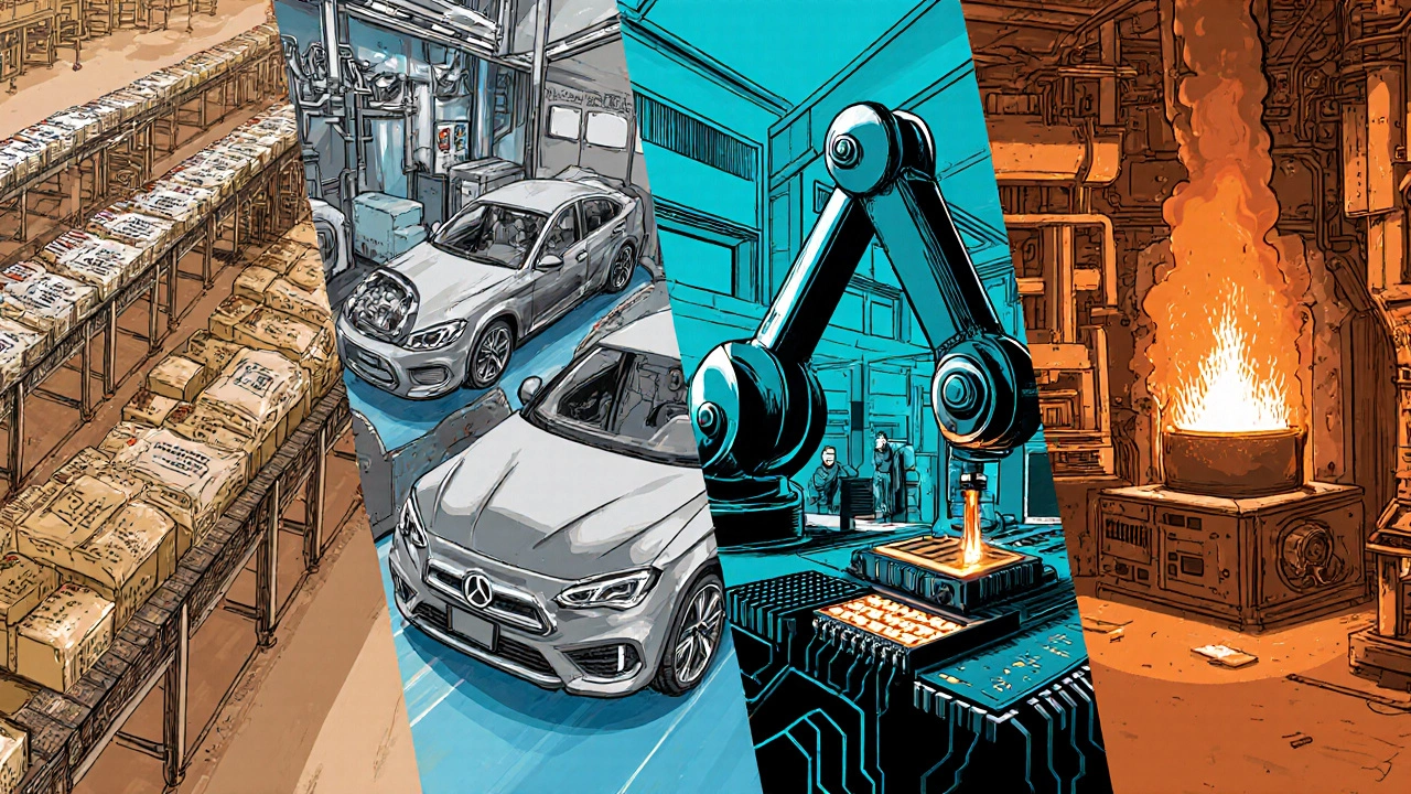 Four manufacturing scenes: food processing, automotive parts, electronics, and steel fabrication.