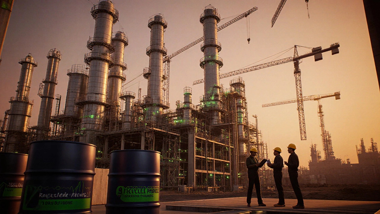 Futuristic construction of a new chemical plant in Maharashtra‑Gujarat, engineers and recycled phenol barrels.