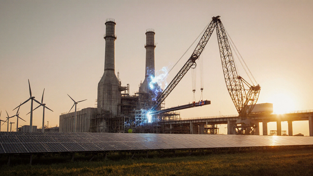 Futuristic green steel plant using solar and wind power, producing low‑carbon steel for a new bridge.