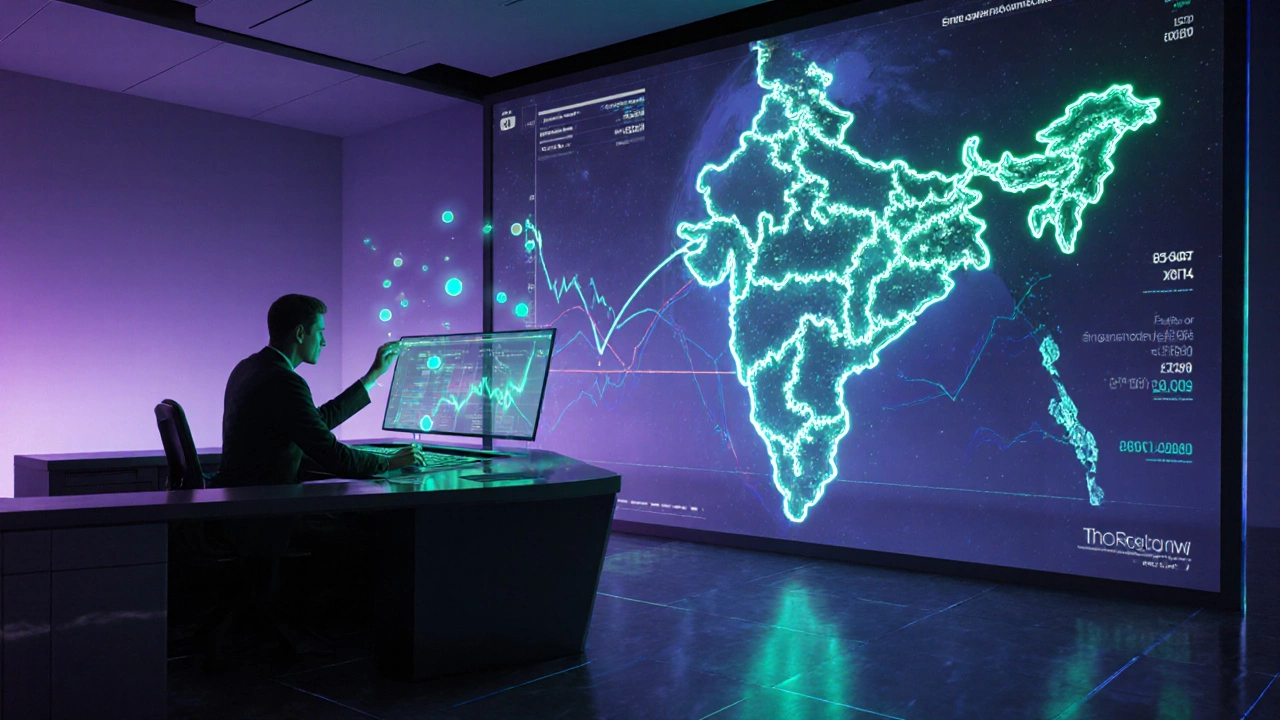 Futuristic investor console with holographic data about Indian market leaders.