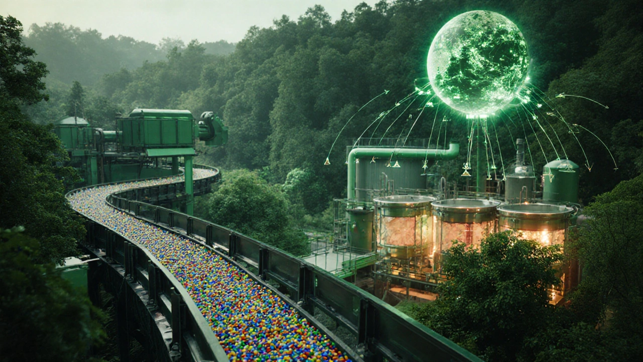 Futuristic recycling facility with circular conveyor, bio‑plastic vats, and a globe showing global loops.