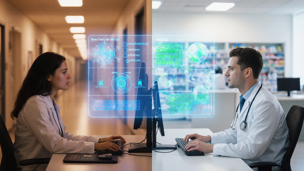 Healthcare professionals using a holographic dashboard to manage drug orders.