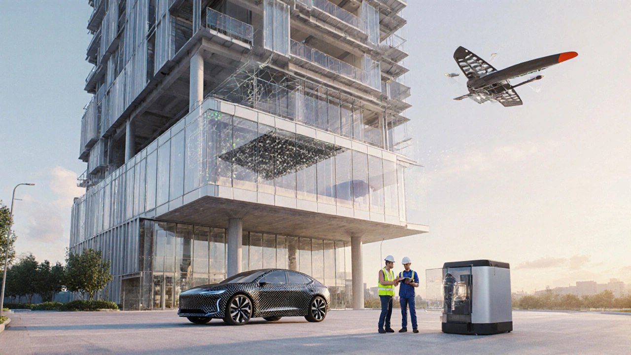 Hybrid building and vehicle scene with aluminum façade, steel core, carbon‑fiber car, graphene wing, and 3D‑printed joint.