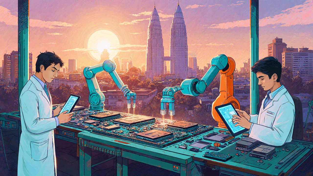 Illustration of Bengaluru factory with robots, engineers, and nearby research campus.