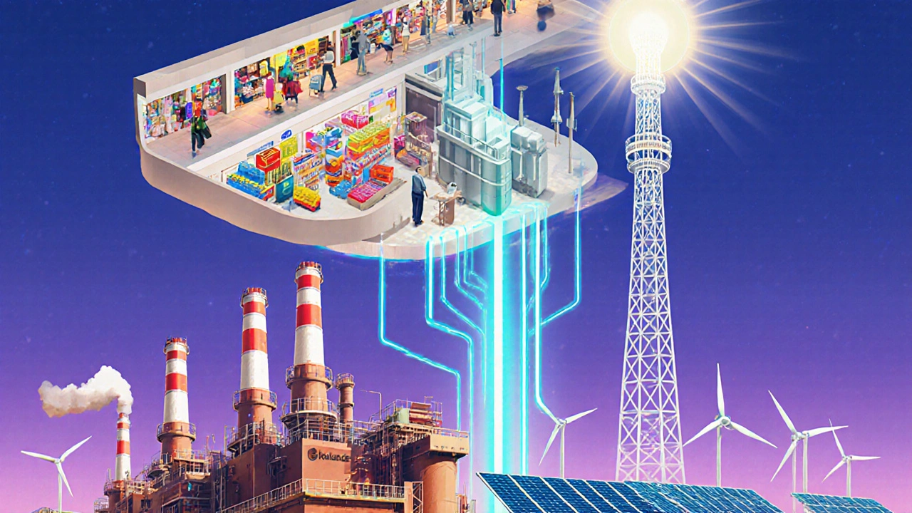 Illustration of Reliance&#039;s oil, retail, digital, and renewable sectors linked together.