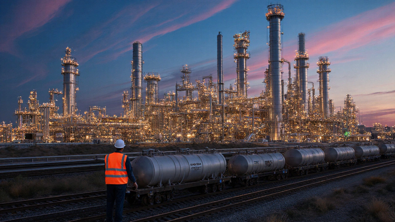 Industrial photo of a Texas chemical plant at night with reactors and workers.
