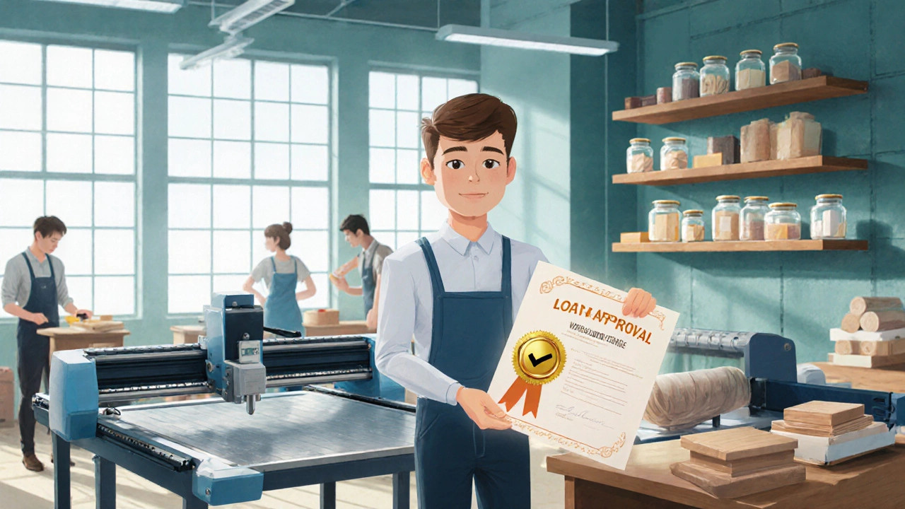 Maker‑space with entrepreneur holding a glowing loan approval beside equipment.