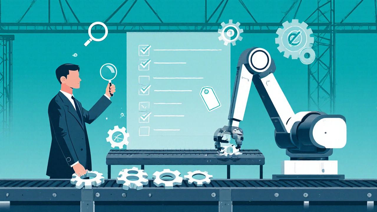 Manager and robot arm with floating icons representing a profit‑improvement checklist.