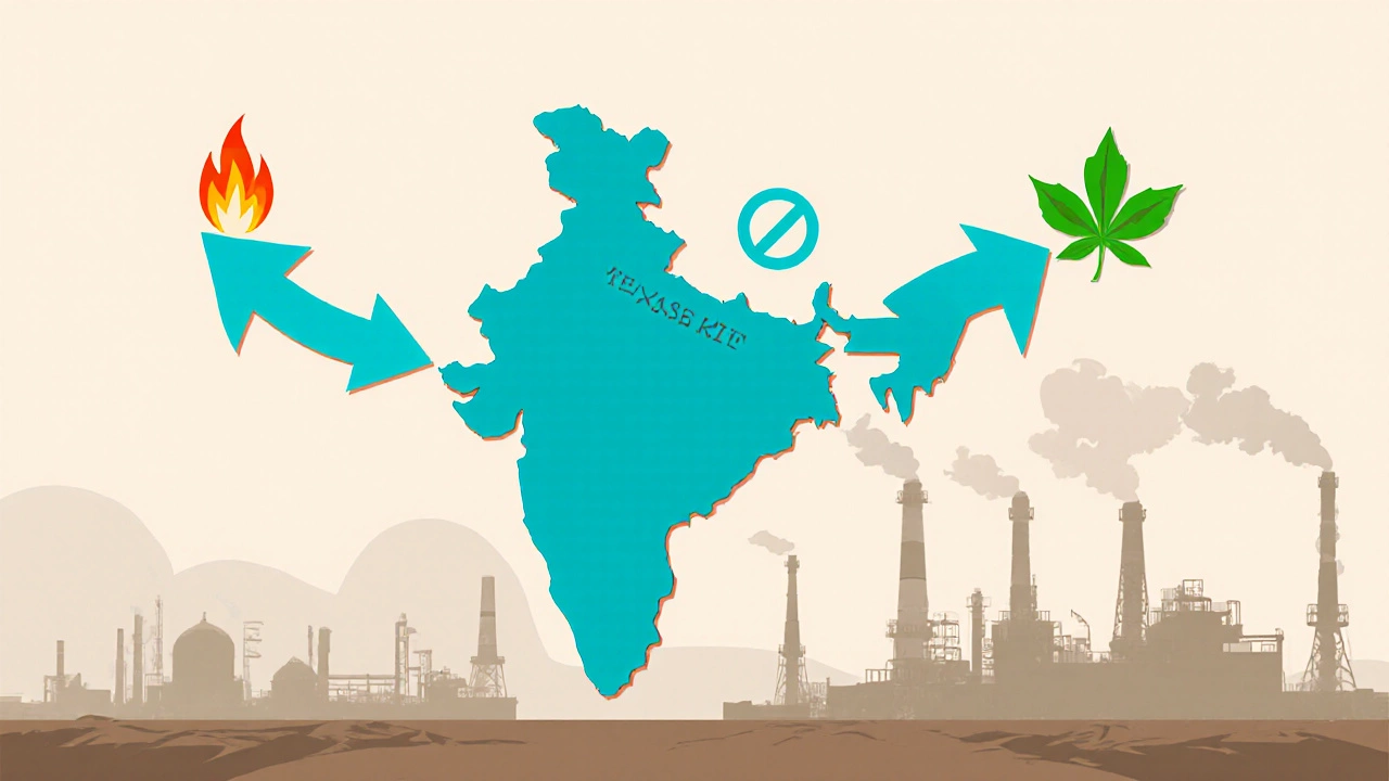 Map illustration showing disrupted phenol supply from Gulf and US to India with fire and restriction icons.