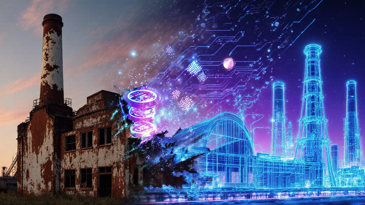 Metamorphosis scene where an old factory dissolves into a futuristic high‑tech skyline of circuits, EV batteries, and labs.