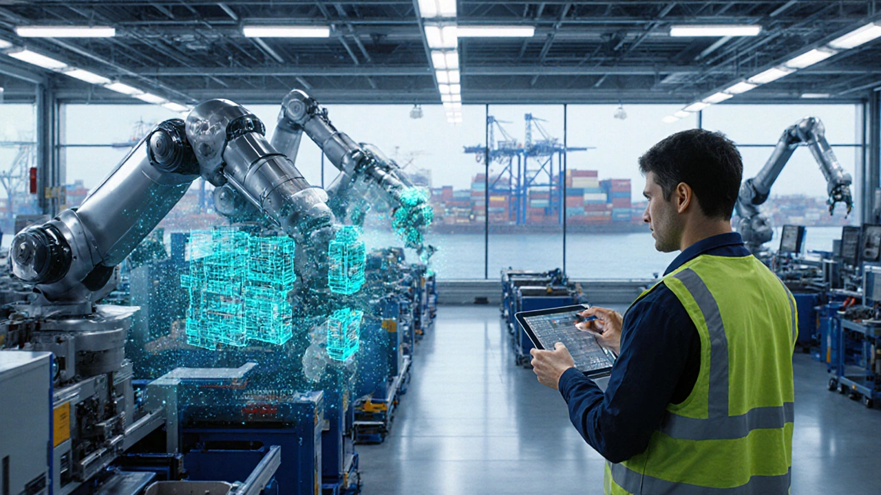 Modern automated plant featuring robotic arms, holographic digital twins, and a technician monitoring equipment.