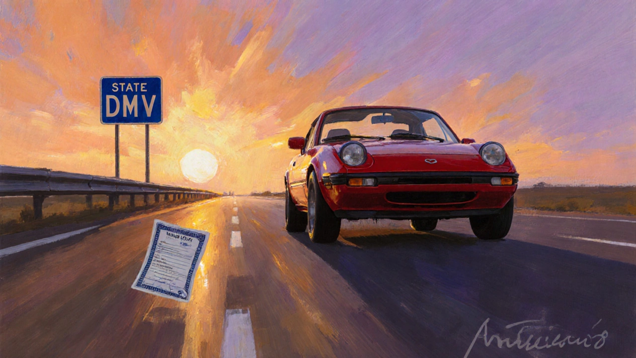 Red 1988 Mazda Miata driving at sunset on a highway, symbolizing a cleared classic car import.