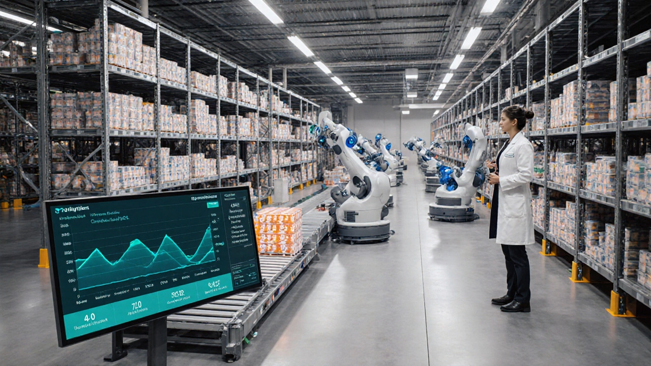 Robotic fulfillment center with automated arms picking medicine boxes on conveyors.