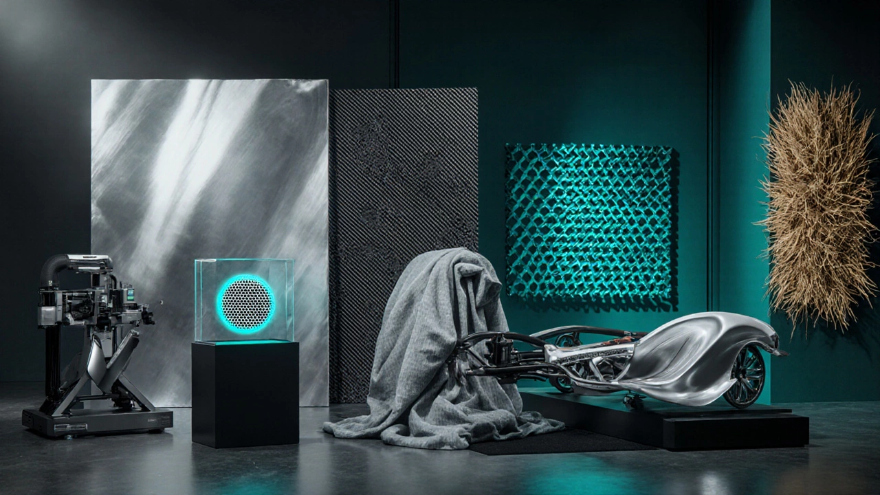 Showroom displaying aluminum sheet, carbon‑fiber panel, graphene coupon, titanium blade, 3D‑printed Inconel, and hemp bio‑composite.