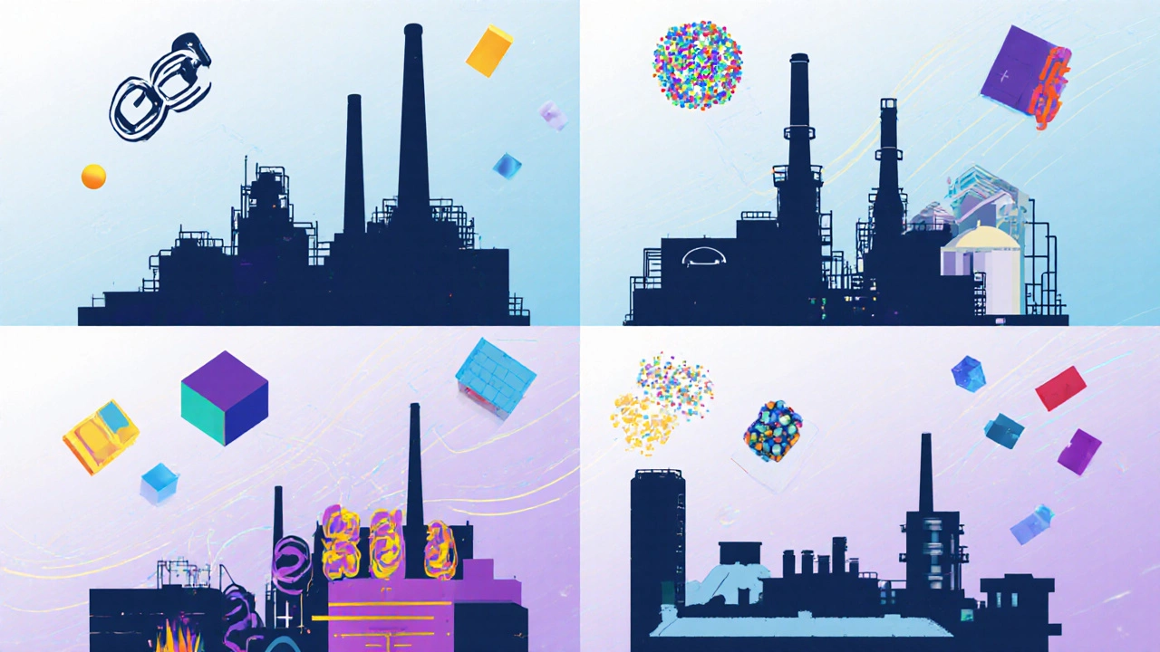 Split illustration of five top plastic manufacturers with icons of their key polymer products.