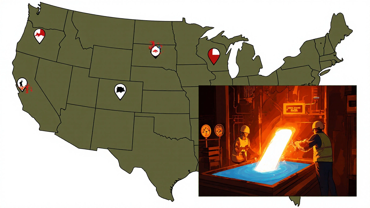 U.S. map with icons marking major steel plants and a close‑up of a modern electric‑arc furnace melting scrap.