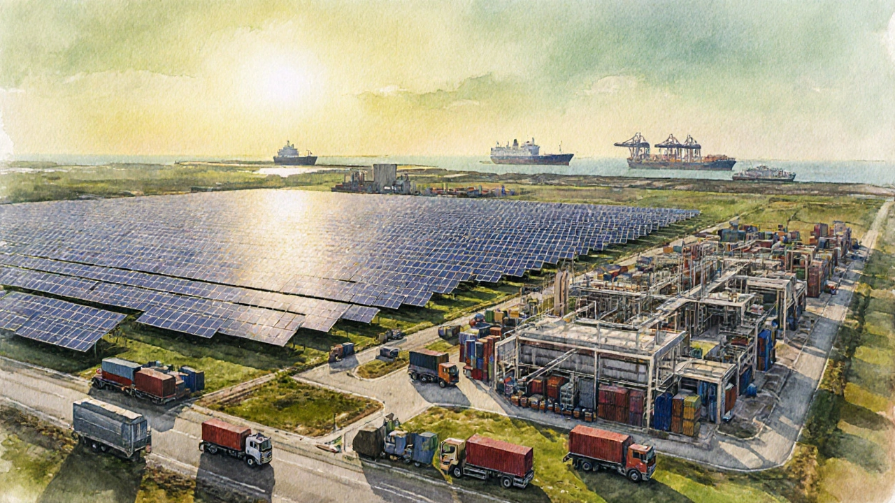 Watercolor of Gujarat factory powered by solar farms and connected to Mundra Port.