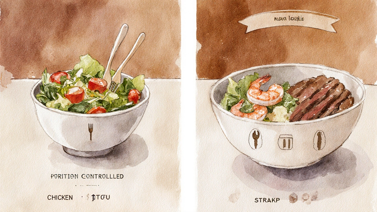 Watercolor split view of a small salad bowl and a customizable protein bowl with icon cues.