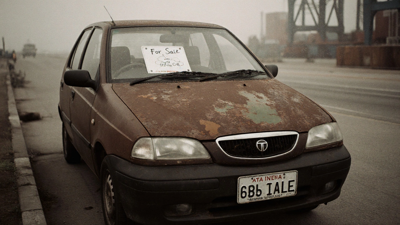1999 Tata Indica parked at a Los Angeles port warehouse with a &#039;For Sale&#039; sign and faded license plates.