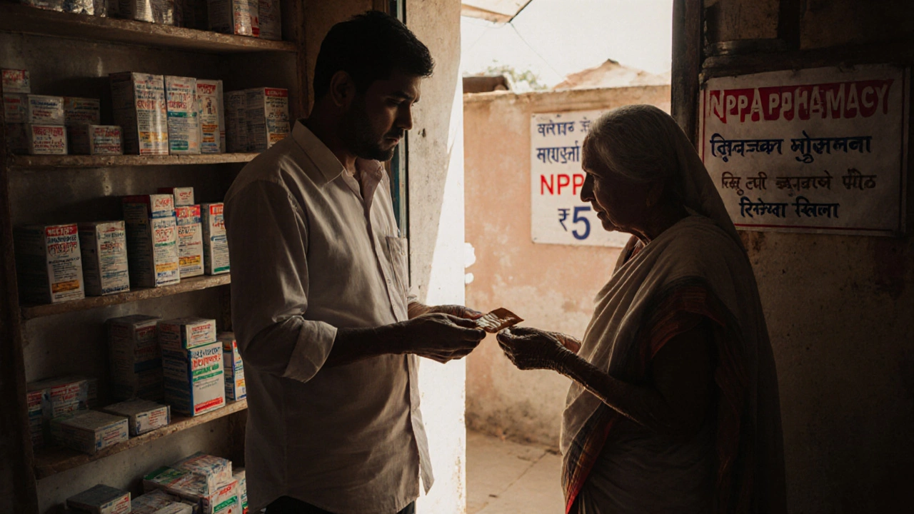 A rural Indian pharmacy worker handing medicine to an elderly customer in a sunlit shop.