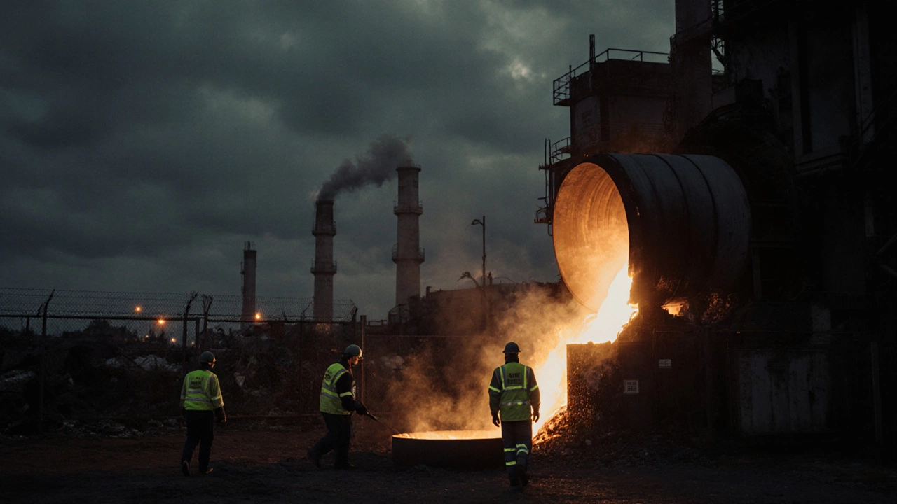 ArcelorMittal Kryvyi Rih plant at night with molten steel pouring under spotlights and smokestacks.