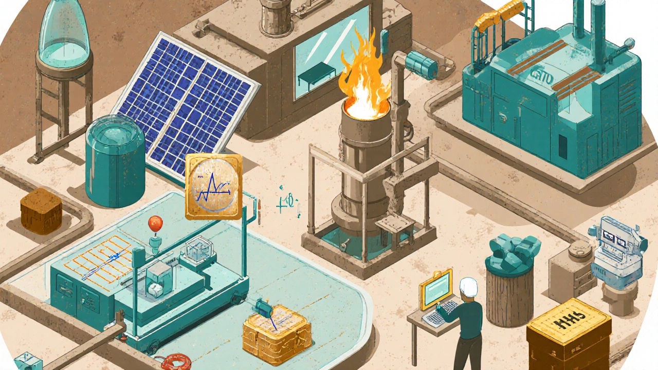 Collage of sustainable manufacturing: recycled glass, solar-powered factory, and wearable medical devices.