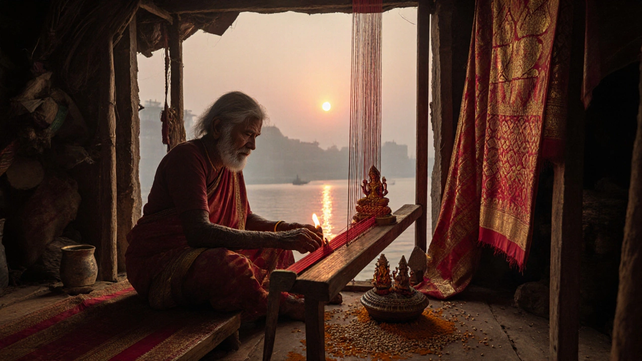 Elderly woman weaving silk at a wooden loom at dawn, Saraswati statue on altar beside her.
