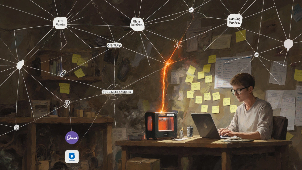 Fragile supply chain threads connected to a small workshop, one replaced by 3D printer, maker using digital tools.