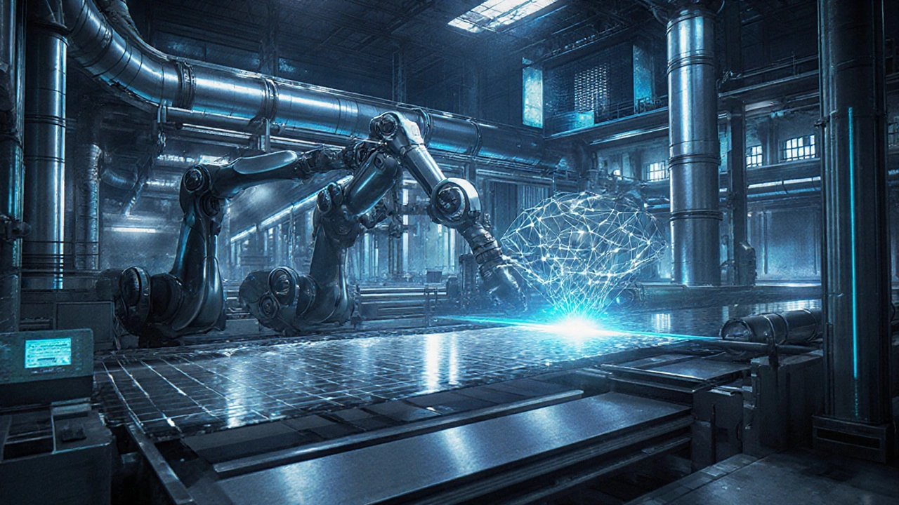Futuristic Nippon Steel mill with robots, holograms, and hydrogen pipelines in cool blue lighting.