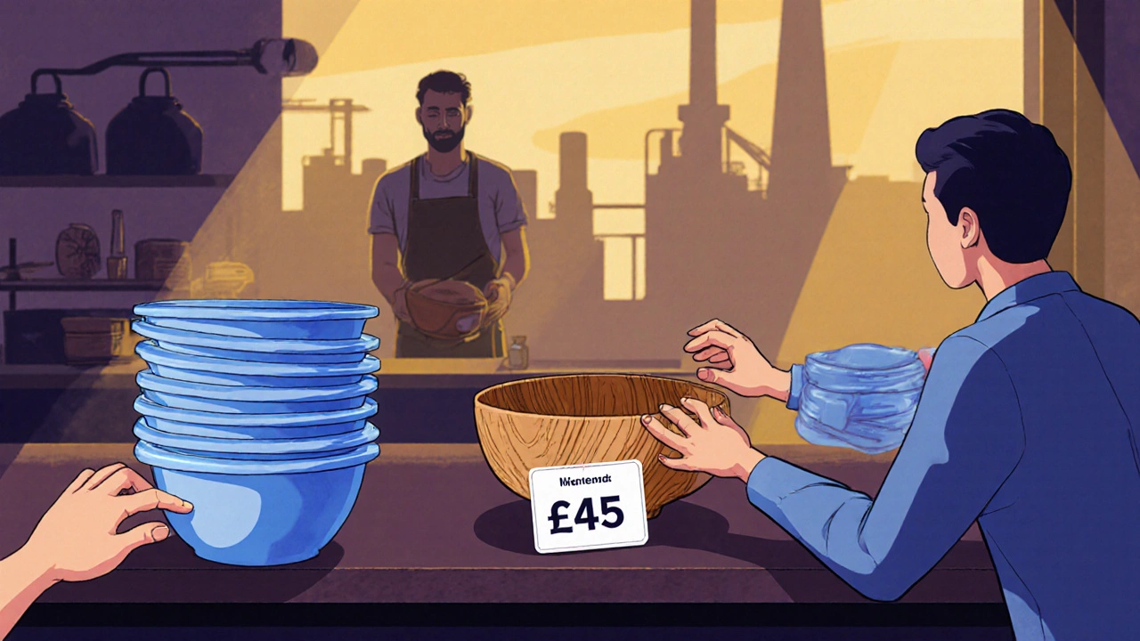 Handmade wooden bowl beside cheap mass-produced alternative, price tags showing £45 vs £12.