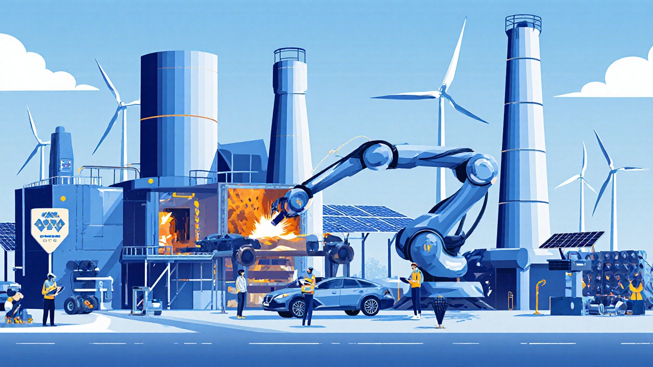 Modern Alabama mini-mill with robots melting scrap steel and workers using tablets.