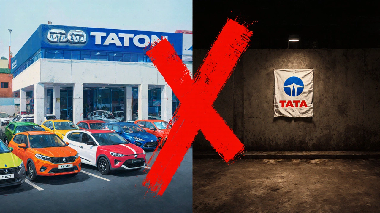 Split-screen: vibrant Tata dealership in India vs. empty U.S. lot with a faded Tata poster and a large red X.