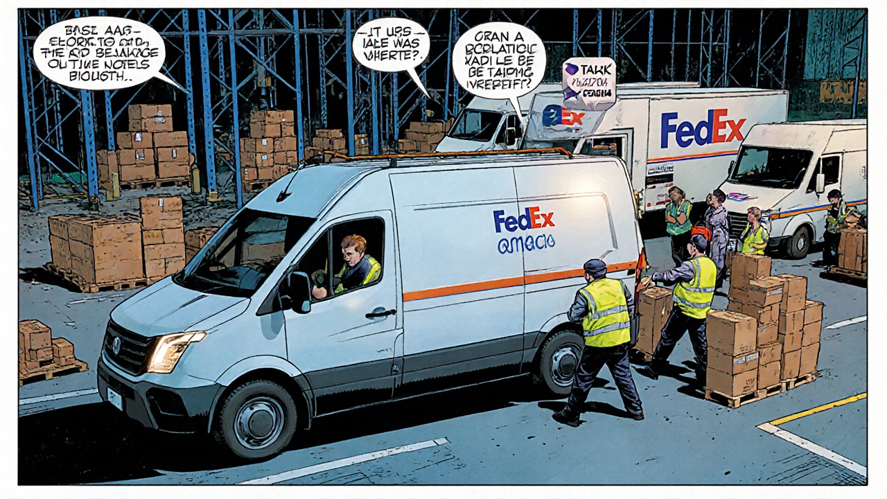 Tata electric delivery van unloading packages at an American warehouse, with Amazon and FedEx trucks nearby.