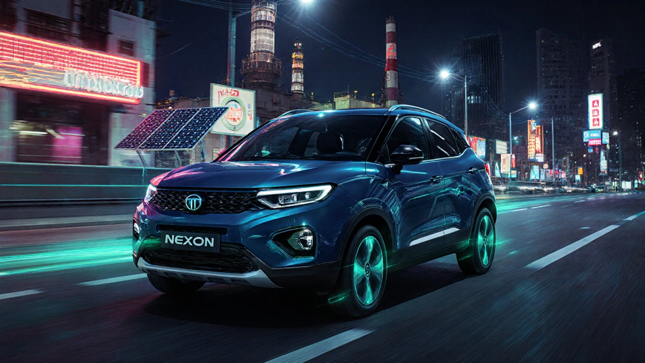 Tata Nexon EV driving through a futuristic city with Indian manufacturing elements visible in the background.