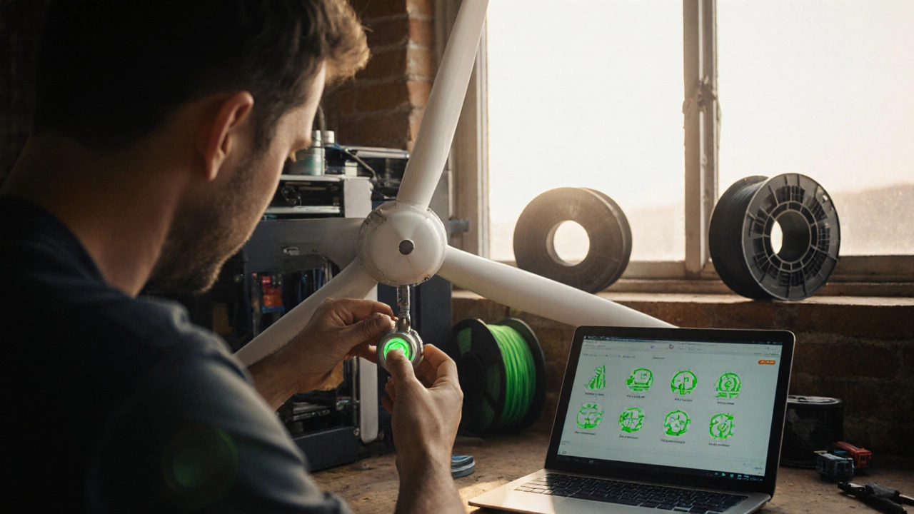 Technician installing an IoT sensor on a wind turbine blade in a sunlit workshop.