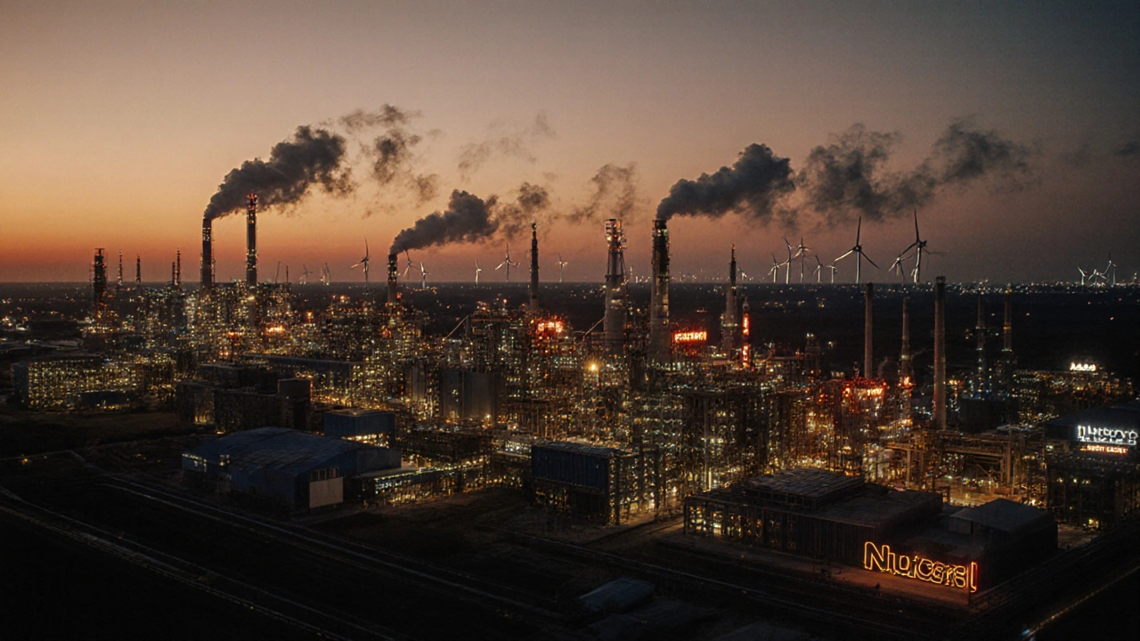 Texas Gulf Coast steel plant at dusk with wind turbines and oil rigs in background.