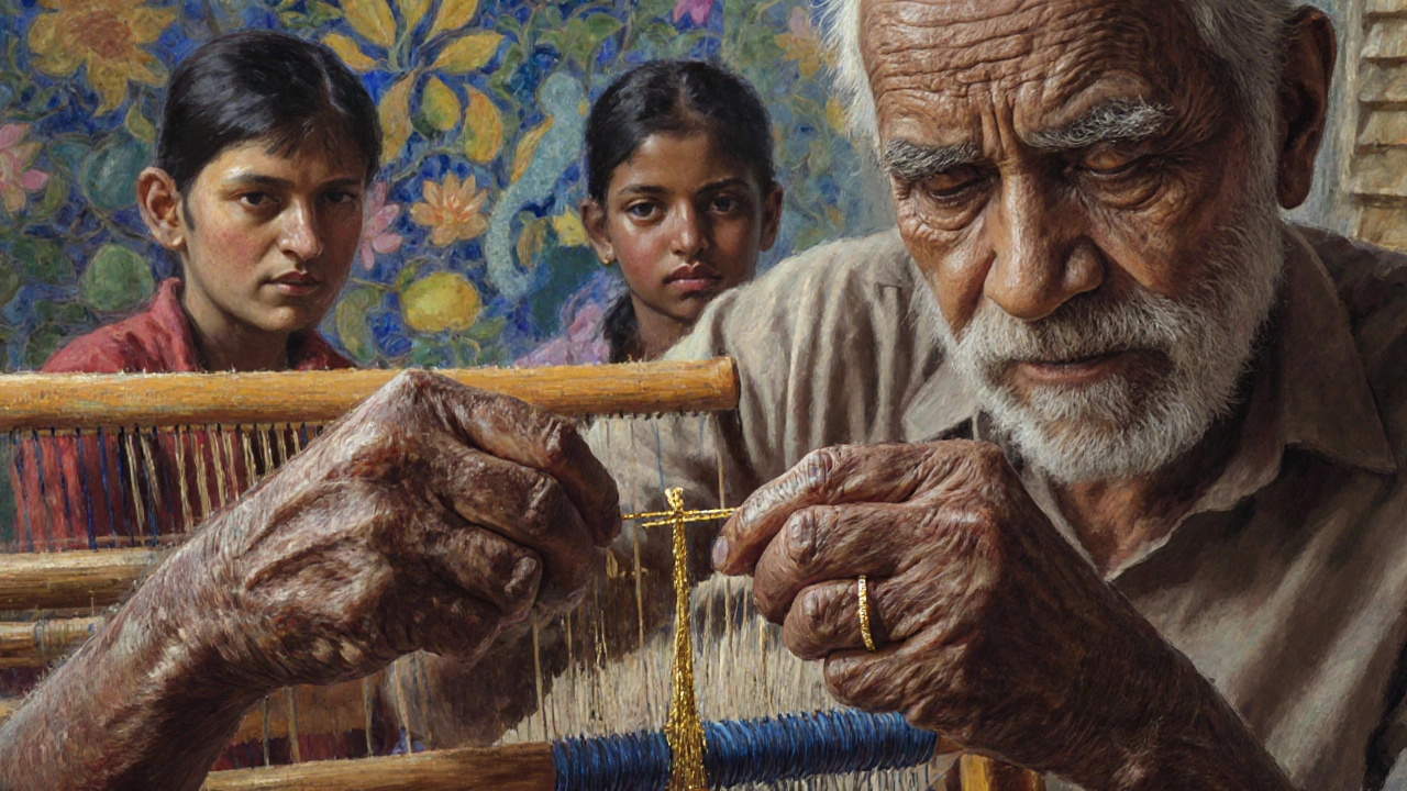 Weathered hands threading gold zari into silk, children watching, traditional patterns in background.