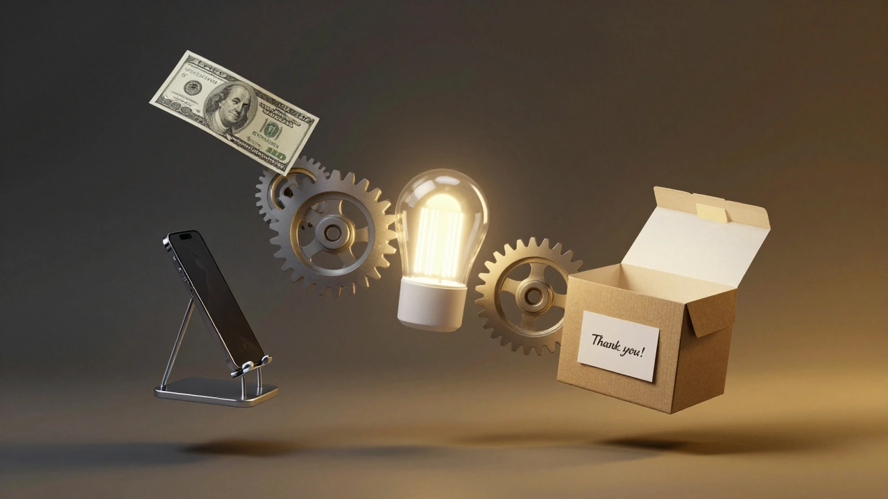 A ,000 bill turning into ,000 through floating branded products in a surreal, metallic composition.