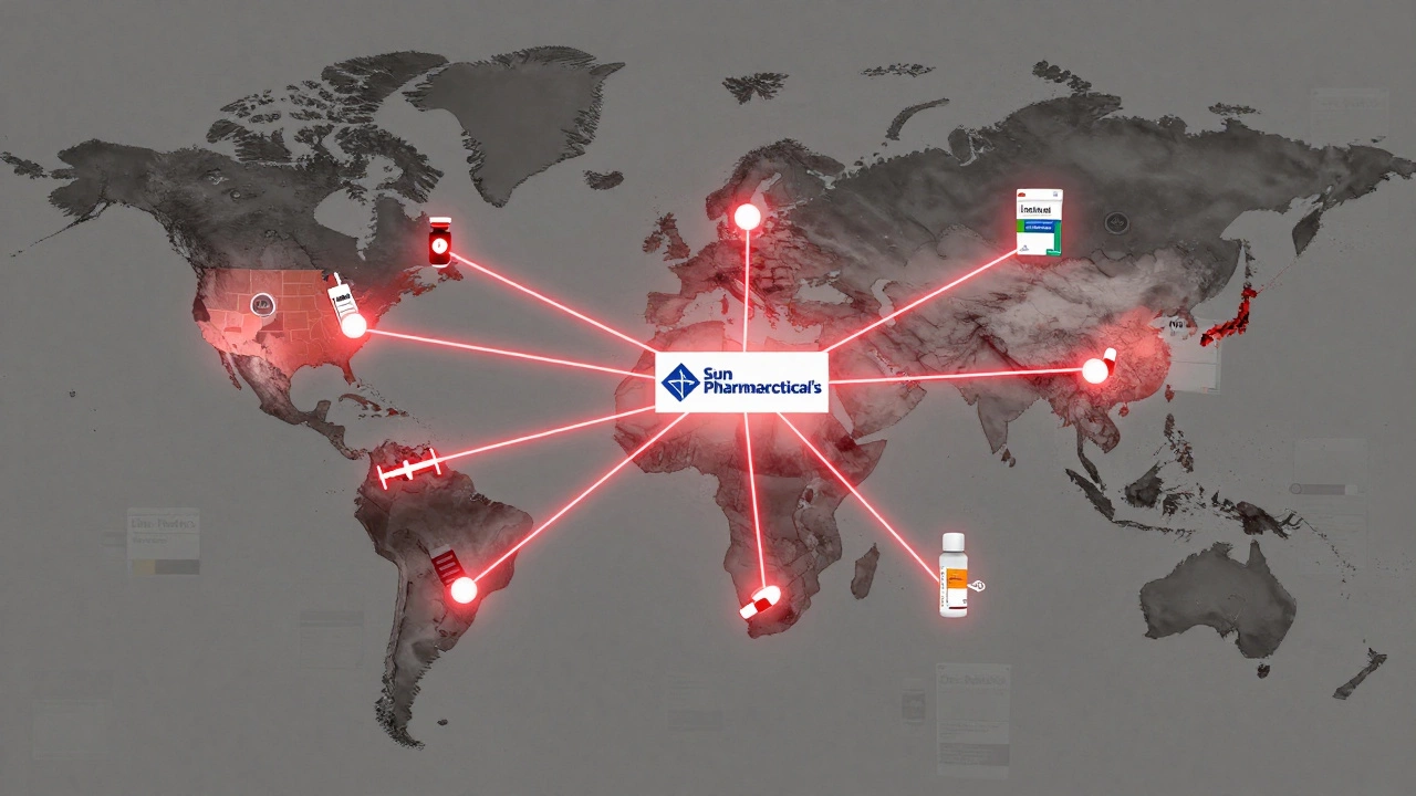 A global map with glowing routes from India to the U.S., Europe, and Japan, showing pharmaceutical exports and FDA approvals.