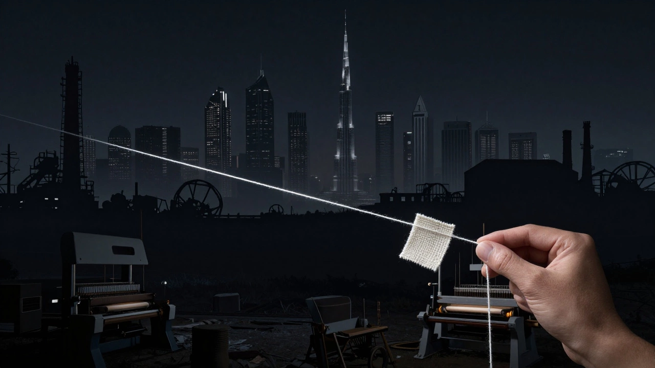 A glowing thread connects handwoven fabric to global cities, representing supply chain links in textile trade.