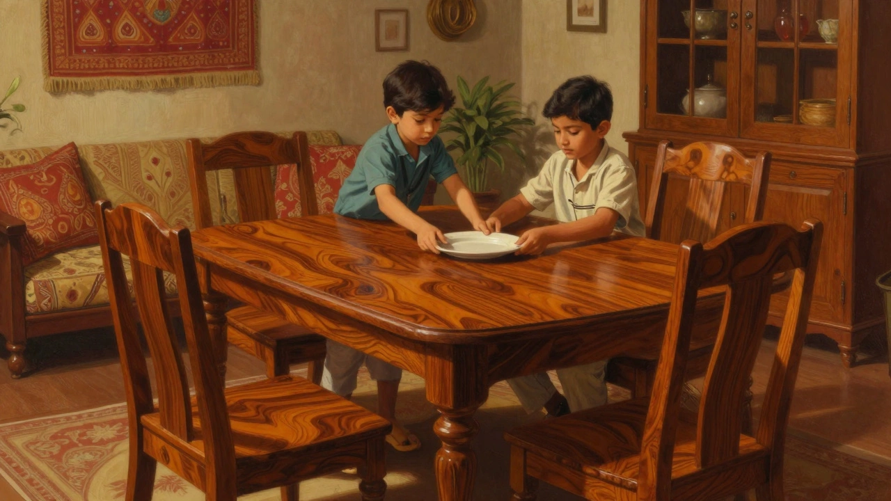 A polished sheesham wood dining set in a warm Indian living room with a family gathered around.