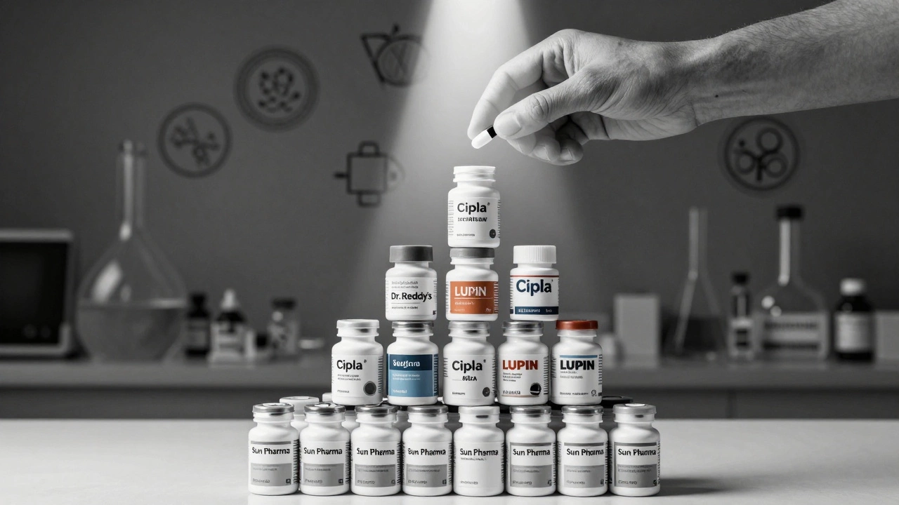 A pyramid of medicine bottles with Sun Pharma at the base, rising to smaller competitors, lit by a beam symbolizing patient access.