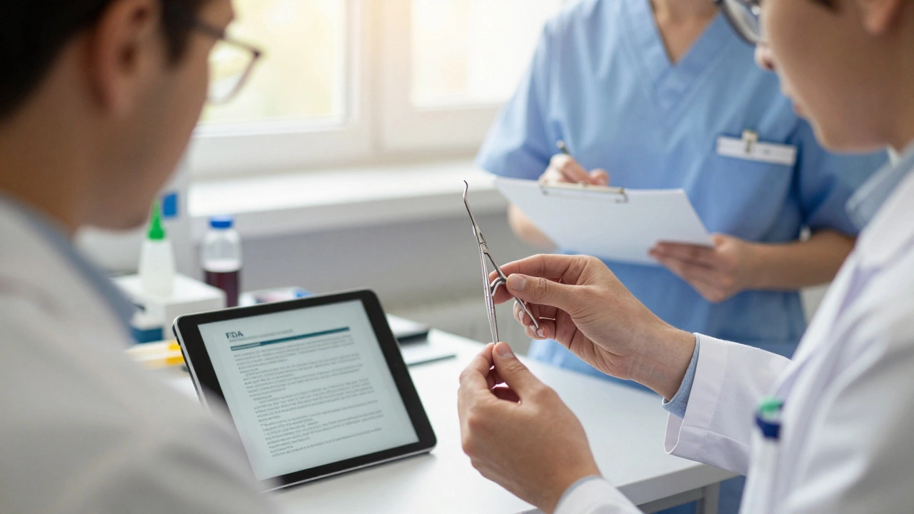 A small team in a workshop testing a surgical prototype with a nurse.