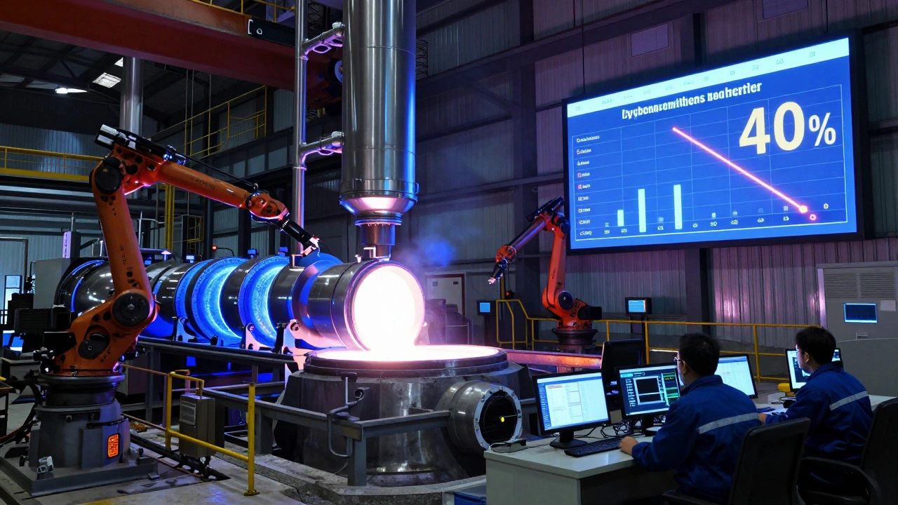 Advanced steel plant with hydrogen reactor and robotic arms under blue lighting.